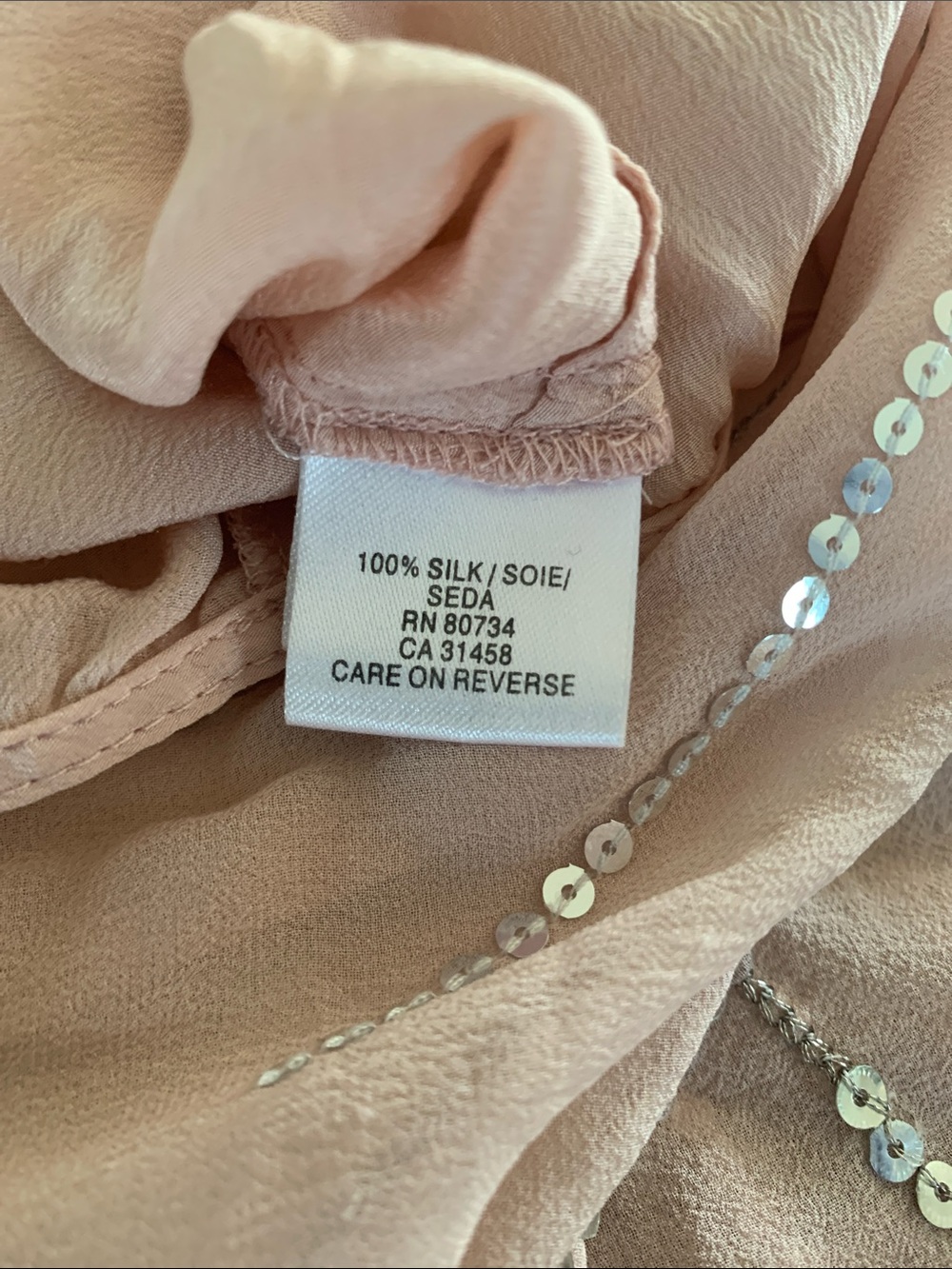 BCBGMAXAZRIA Pale Pink 100% Silk Sequin Sunburst Butterfly Blouse, Sz XS-S - Picture 4 of 7